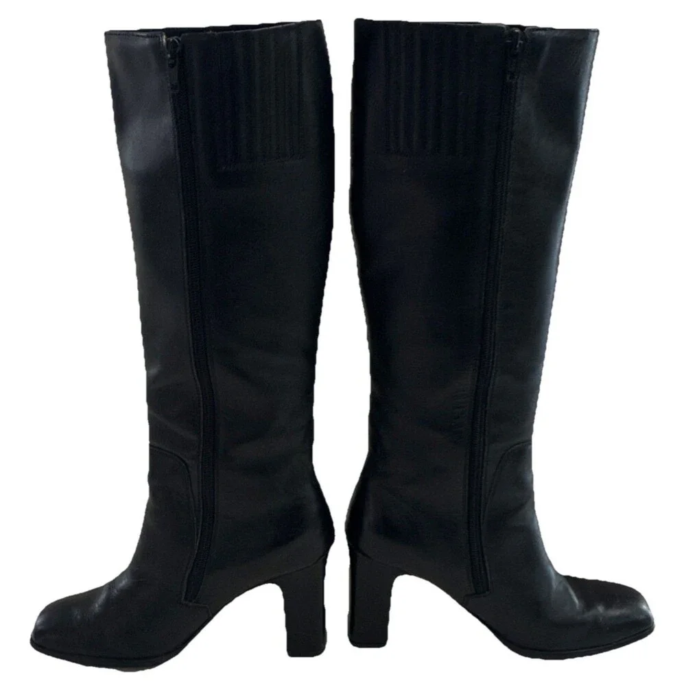 Pasaro Black Leather Knee High Riding Boots Block Heel Zip Square Toe Women's 6B